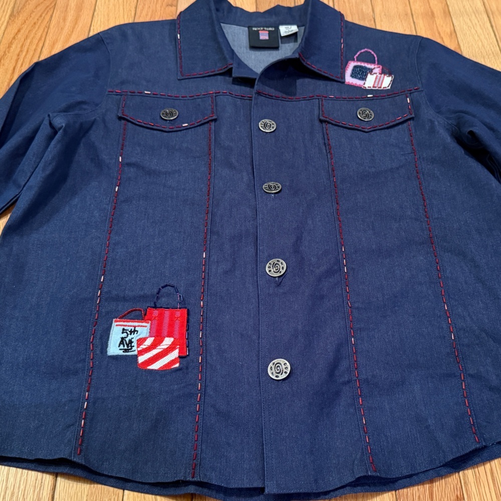 Sportelle Women's Denim Button Down Shirt Red Stitching & Beading grannycore